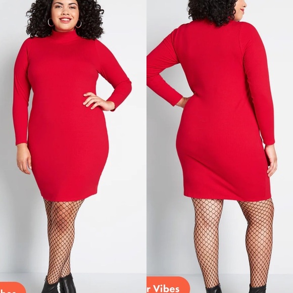 ModCloth Most Favored Dress Red Mock Neck Ribbed Long Sleeve size Large NEW - Picture 1 of 8